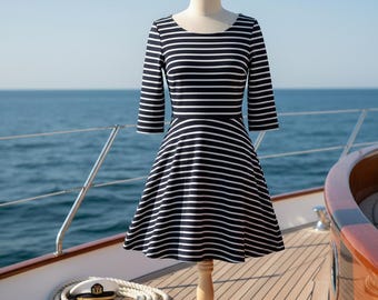 Vestido mini sexy de rayas, entallado y acampanado, estilo náutico costero marino, talla L, femenino, para verano, primavera, Pascua, playa, resort, bohemio.