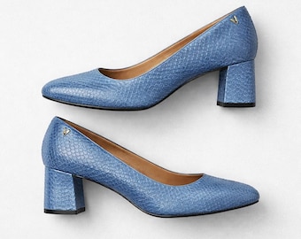 Vionic Mia Block Heel Blue Snakeskin Python Print Leather Dressy Pumps Size 9.5