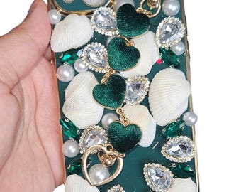Handcrafted Embellished iPhone 15 Case, Golden Touch Pearls