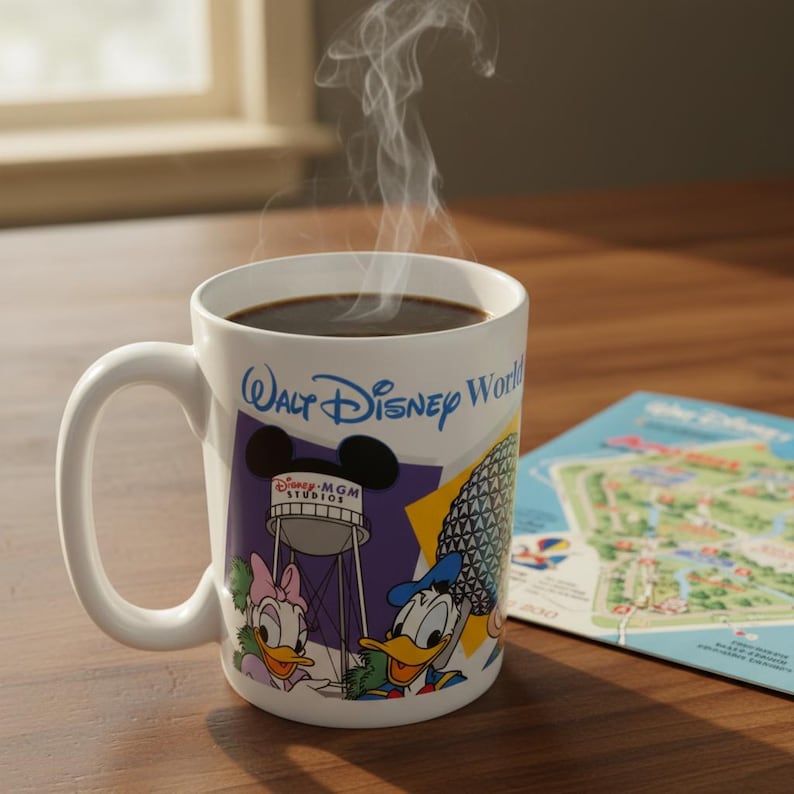 May include: A white ceramic mug filled with dark liquid, possibly coffee, with steam rising. The mug features a colorful graphic of Disney characters and the words "Walt Disney World". A map is visible in the background.