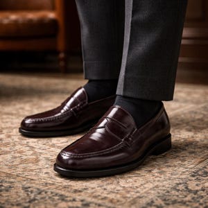 May include: A pair of polished, burgundy leather penny loafers. The shoes have a classic design with a rounded toe and a strap across the vamp. The loafers are worn with dark gray trousers and black socks.