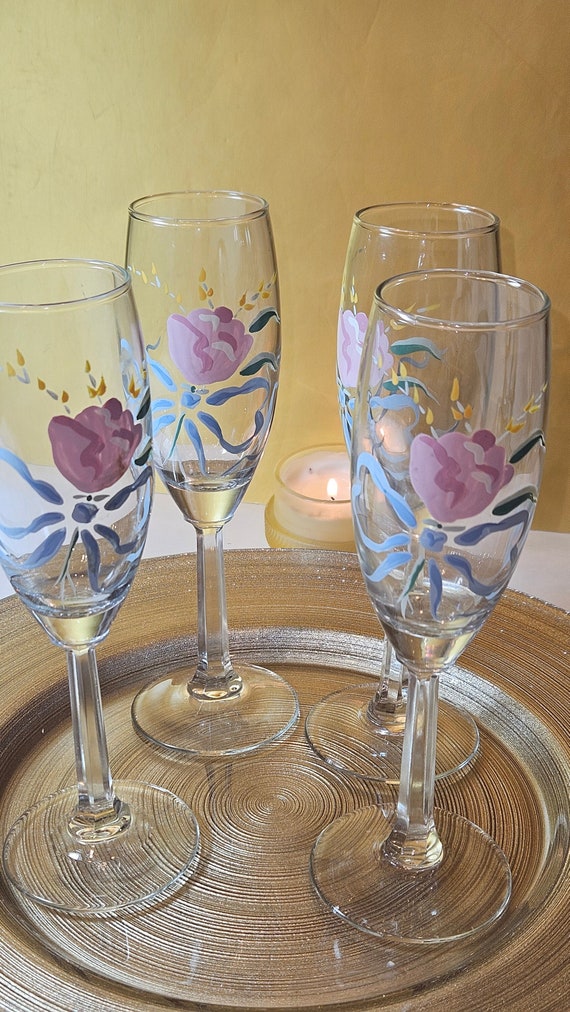 Vintage Glassware, Hand painted Flutes with Pink Roses, Gifts for Her, Housewarming Gifts, Easter Gifts,Gifts for Mom, Mother's Day