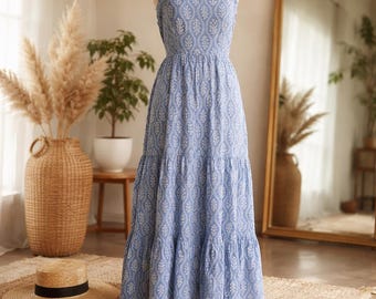 Women's Floral Lightweight Maxi Layered Detailing Sleeveless Cotton Dress Size S, Summer Spring Easter Dress, Coastal Beachy Tropical Resort