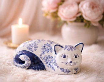 Valentine's Day Gift, Tabletop Decor, Vanity Decor,  Ceramic Cat Figurin, White & Blue Chinoiserie, Console Decor,Entryway Decor, Birthday