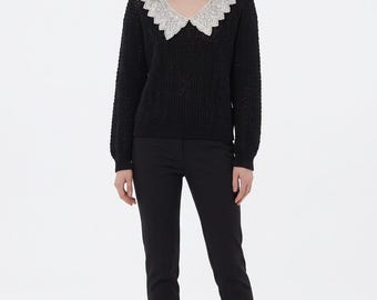 Victorian Vintage David Brett Black Knit Croched Whimsical Grannycore Spring Easter Cottagy Elegant Boho Chic Y2K Sweater Made In USA L/XL
