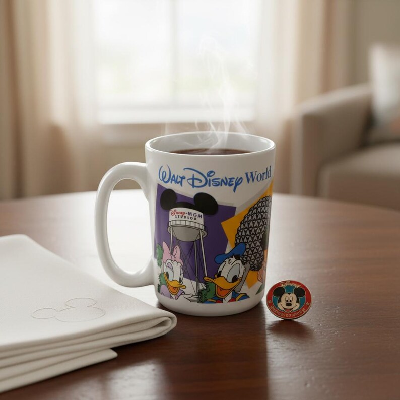 May include: A white ceramic Walt Disney World mug filled with a dark beverage, with steam rising. The mug features images of Disney characters and landmarks. A Mickey Mouse pin and a folded white napkin with a Mickey Mouse outline are also present.