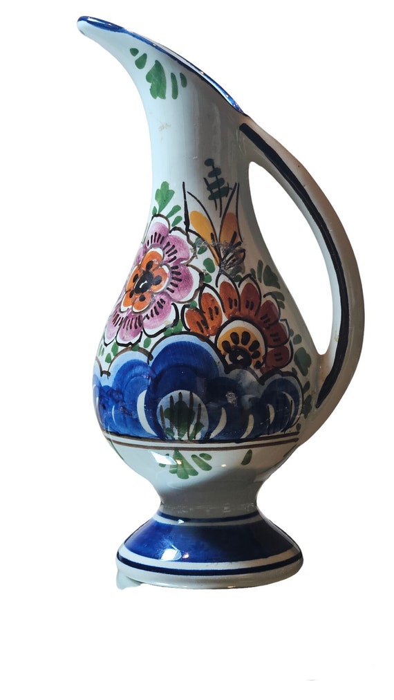 D P Delft Holland  Vintage Mini Pitcher Vase Polychrome Floral,Vintage Marked Vase,European Pottery, Vintage Pitchers