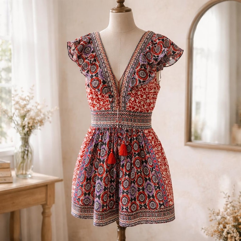 May include: A patterned mini dress with a V-neck and ruffled sleeves. The dress features a red, white, and purple floral design with a tassel tie at the waist. The dress is displayed on a mannequin.