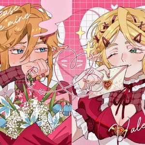 May include: A digital illustration featuring two anime-style characters with elf-like ears, set against a pink grid background. One character holds flowers, the other a Valentine's Day card. Text includes "Please be mine" and "Valentine".