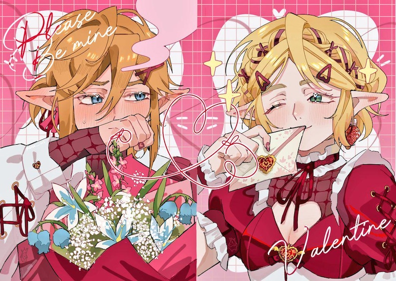 May include: A digital illustration featuring two anime-style characters with elf-like ears, set against a pink grid background. One character holds flowers, the other a Valentine's Day card. Text includes "Please be mine" and "Valentine".