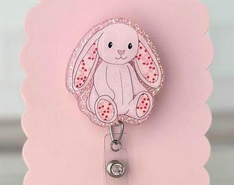 Pink Bunny Cherry Themed Handmade Glitter Acrylic Badge Reel