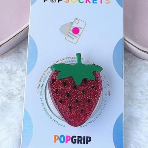 Cute Strawberry Handmade Acrylic Topper Featuring PopSocket Attachment - Perfect for Phones & Kindles