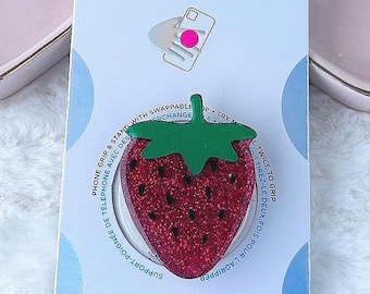Cute Strawberry Handmade Acrylic Topper Featuring PopSocket Attachment - Perfect for Phones & Kindles