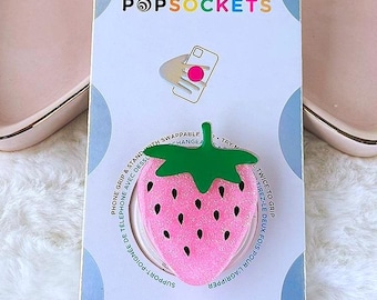 Cute Pink Strawberry Handmade Acrylic Topper Featuring PopSocket Attachment - Perfect for Phones & Kindles