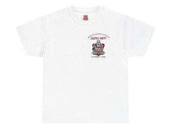 May include: White t-shirt with a small graphic on the upper left chest and a larger graphic on the front. The front graphic reads "WORLD'S LARGEST OUTDOOR COCKTAIL PARTY!" with a cartoon bear and the text "NOVEMBER 1, 2021".