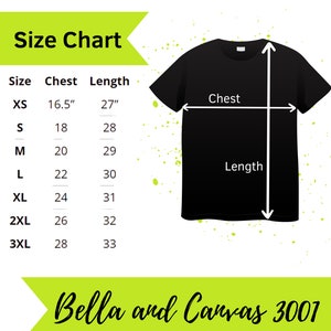 K&ouml;nnte beinhalten: Gr&ouml;&szlig;entabelle f&uuml;r ein Unisex-T-Shirt mit Ma&szlig;en in Zoll. Die Tabelle zeigt die Gr&ouml;&szlig;en XS bis 3XL mit den entsprechenden Brust- und L&auml;ngenma&szlig;en. Der Text "Bella and Canvas 3001" befindet sich am unteren Rand der Tabelle.