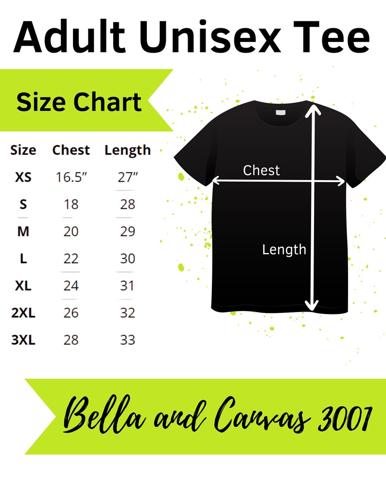 K&ouml;nnte beinhalten: Gr&ouml;&szlig;entabelle f&uuml;r ein Unisex-T-Shirt mit Ma&szlig;en in Zoll. Die Tabelle zeigt die Gr&ouml;&szlig;en XS bis 3XL mit den entsprechenden Brust- und L&auml;ngenma&szlig;en. Der Text "Bella and Canvas 3001" befindet sich am unteren Rand der Tabelle.