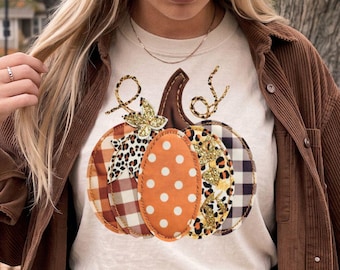 Patchwork Pumpkin Polka Dot Leopard Plaid Tee Shirt, Cute Fall Comfort Colors, Autumn Pumpkin Season Fall Gift Idea For Her