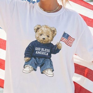 God Bless America Shirt, Patriotic Teddy Bear Tee, 4th of July Faith Shirt, American Flag Tee, July 4th Gift Her bild 1