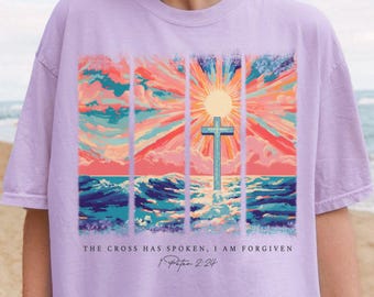Sunset Cross Shirt, Christian Faith Tee, Bible Verse Cross Shirt, Comfort Colors Christian Graphic Tee, Faith Based Cross Apparel