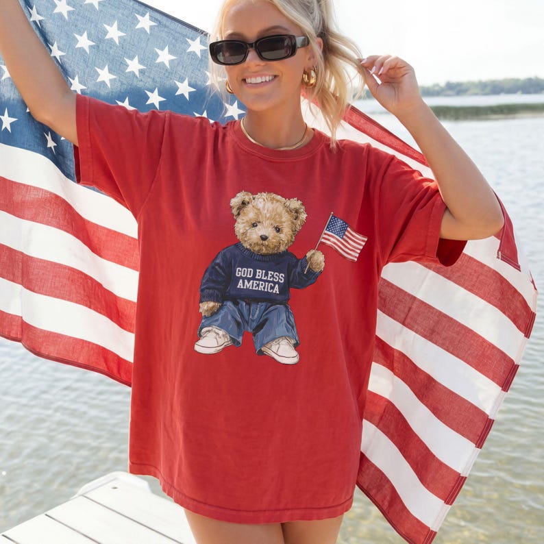 God Bless America Shirt, Patriotic Teddy Bear Tee, 4th of July Faith Shirt, American Flag Tee, July 4th Gift Her bild 6