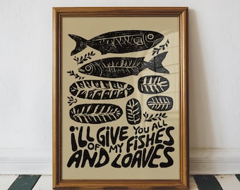 Jesus Miracle Art, Fishes and Loaves Wall Art Print, Faith Based Christian Decor