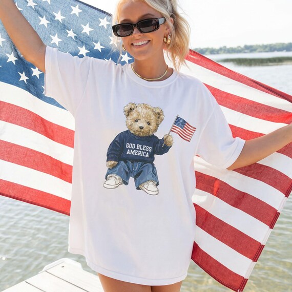 God Bless America Shirt, Patriotic Teddy Bear Tee, 4th of July Faith Shirt, American Flag Tee, July 4th Gift Her