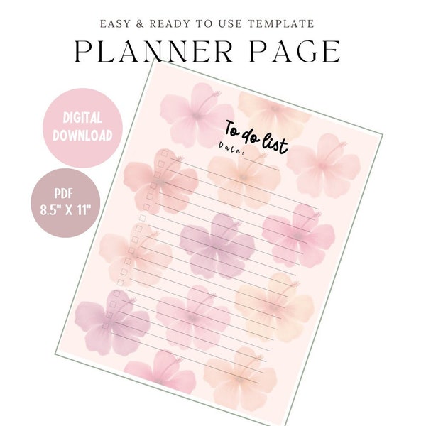 Printable Digital Planner Page - To Do List Pastel Hibiscus Floral Design 8.5" x 11" - One Page - Hawaii Themed