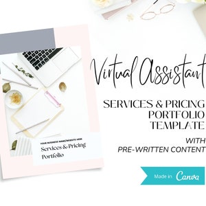 May include: A pink and gray template for a virtual assistant services and pricing portfolio. The template includes a laptop, a clipboard, and a pen. The text "YOUR BUSINESS NAME/WEBSITE HERE Services & Pricing Portfolio" is at the bottom of the template. The text "Virtual Assistant SERVICES & PRICING PORTFOLIO TEMPLATE WITH PRE-WRITTEN CONTENT Made in Canva" is at the top of the template.