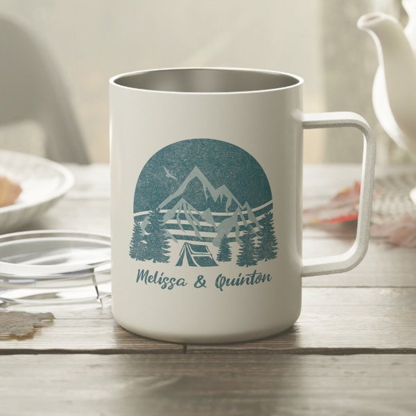 Camping Couple Distressed Insulated Coffee Mug, Personalized Mountain Wedding Gift, Motorhome Camping Mug, Mr & Mrs Outdoors Couple Gift