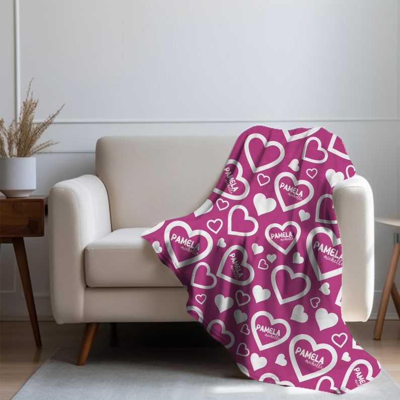 Hot Pink Hearts Personalized Kids Blanket, Swaddling Blanket, Custom
