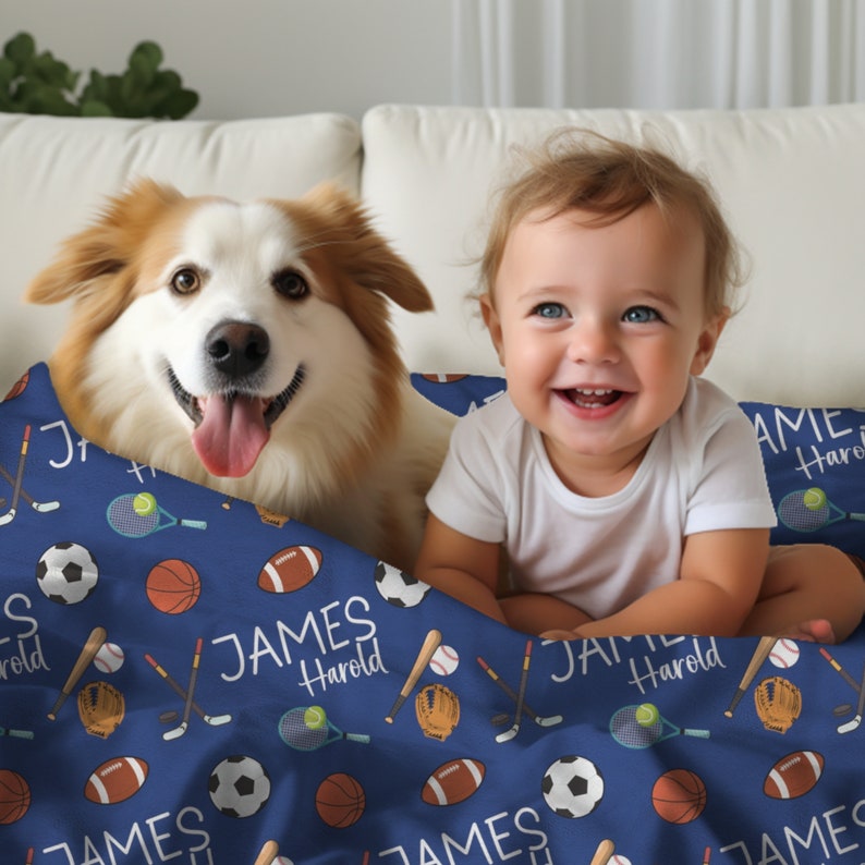 Blue Sports Personalized Kids Blanket, Swaddling Blanket, Custom Baby