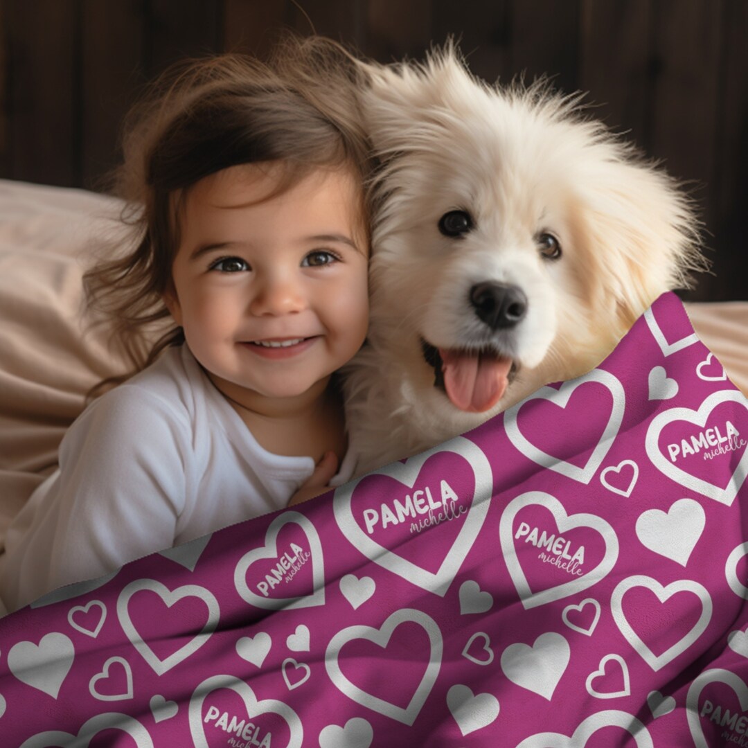 Hot Pink Hearts Personalized Kids Blanket, Swaddling Blanket, Custom