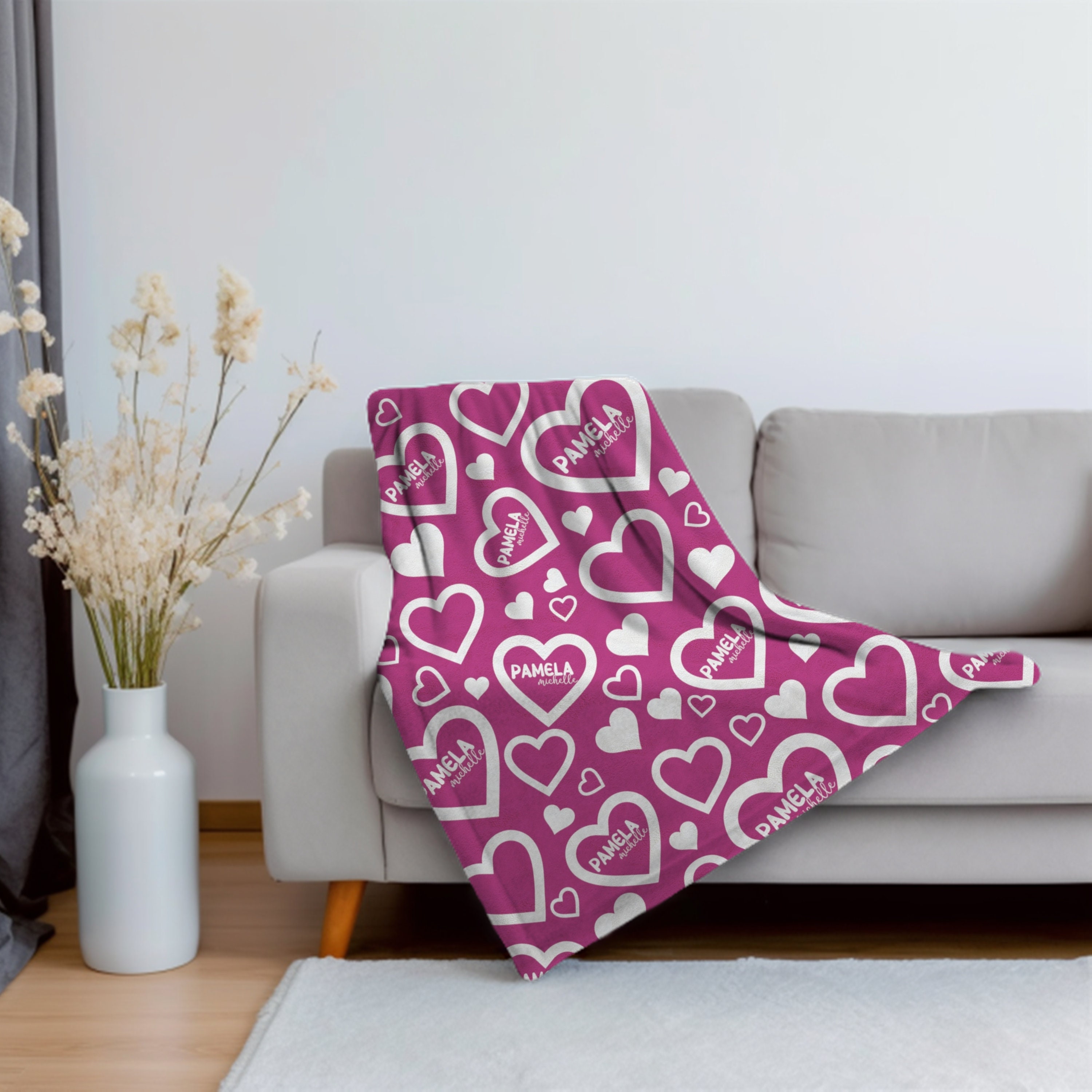 Hot Pink Hearts Personalized Kids Blanket, Swaddling Blanket, Custom