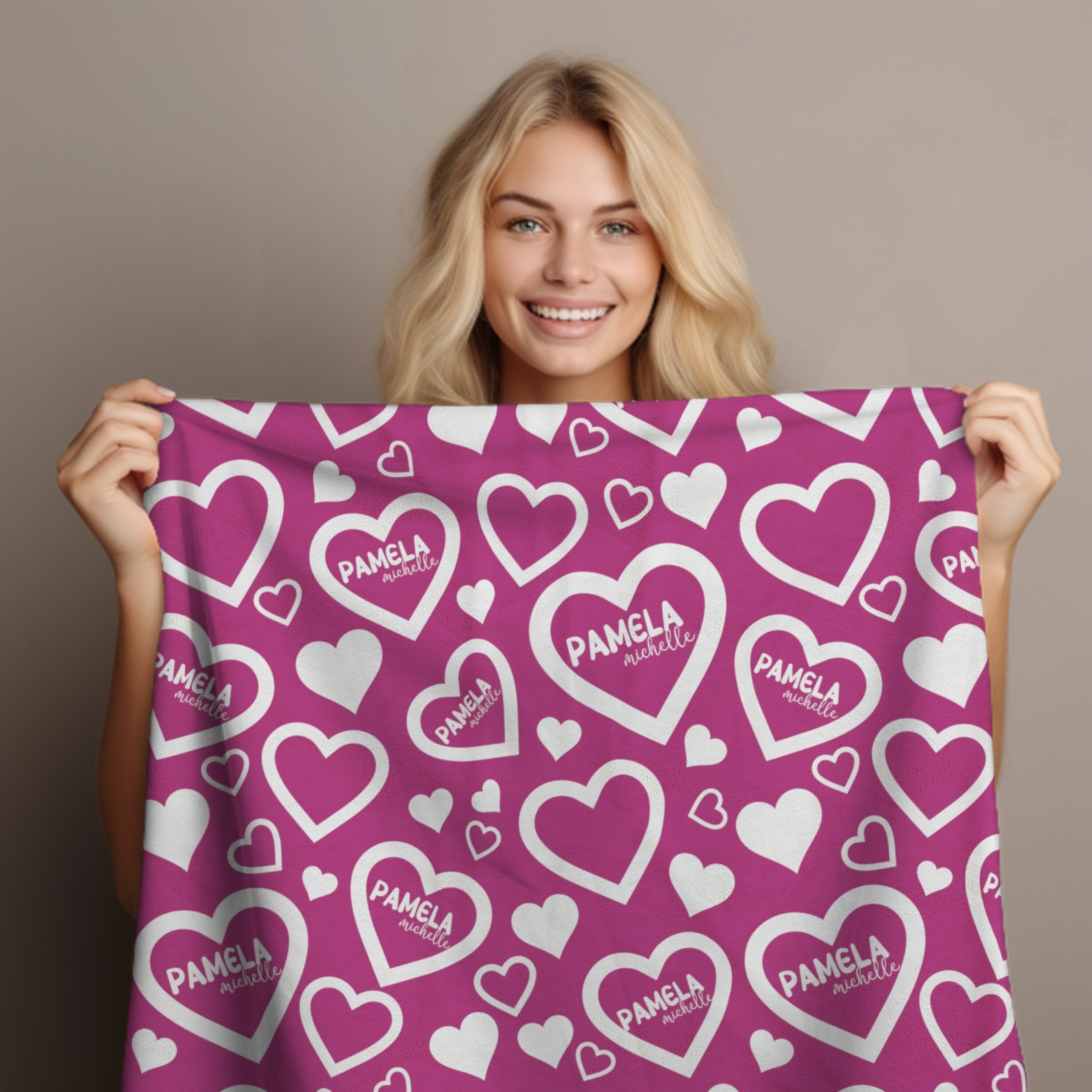 Hot Pink Hearts Personalized Kids Blanket, Swaddling Blanket, Custom