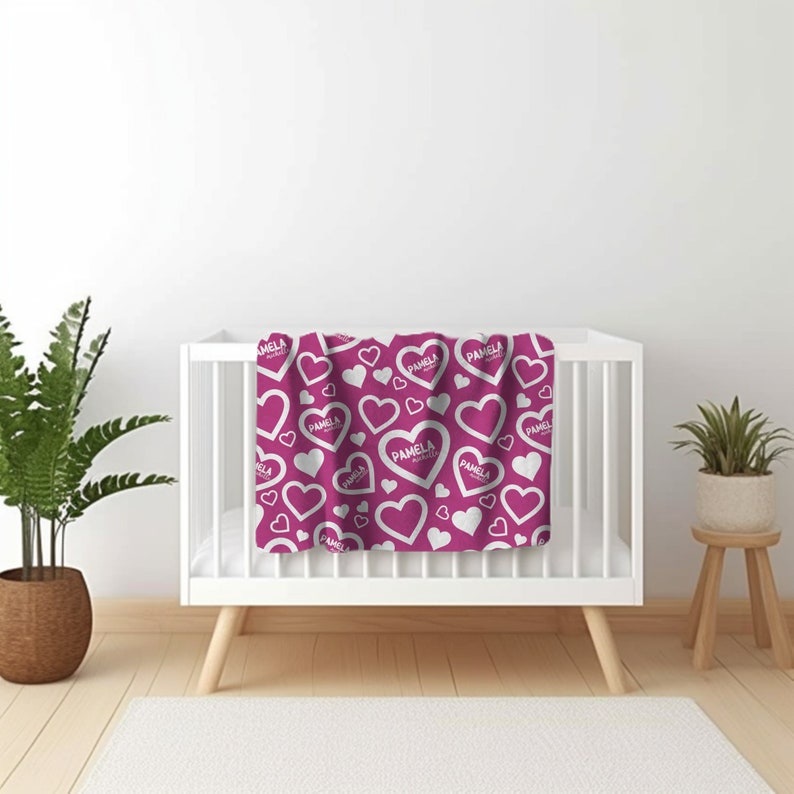 Hot Pink Hearts Personalized Kids Blanket, Swaddling Blanket, Custom