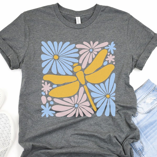 Dragonfly Tee, Shirt with Dragonfly, Dragonfly Gift, Girlfriend Gift, Tee for Teenager, Friend Gift, Dragonfly and Flowers, Flowers Tee