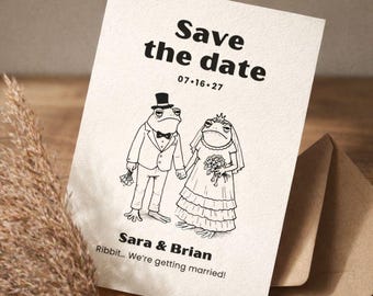 Divertente invito "Save the Date" per il matrimonio, con simpatiche illustrazioni di coppia e un originale invito stampabile "Save the Date".
