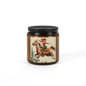 Vintage Christmas Cowgirl on Horse Candle | Gift for Cowboy | Country Girl Xmas Scented Soy Candle Amber Jar