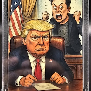 Carta parodia Trump contro Musk – Carta collezionabile di satira politica – Divertente arte di Elon contro Donald – Umorismo politico di tendenza 2025