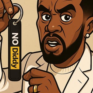 May include: Cartoon illustration of a man holding a keychain that says "NO Diddy". The man is wearing a white blazer, a gold watch, and a gold ring. He has a serious expression.