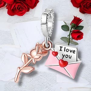 Carta de amor con rosa - Compartir corazones, pareja, amigos - Amor, familia, corazón - Colgante con dije de plata 925, llavero, cadena de joyería