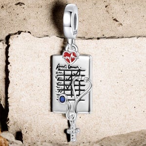 May include: Silver charm featuring a red heart, a stethoscope, and a medical chart with the text "Anna Cowan." The charm is attached to a silver cross.
