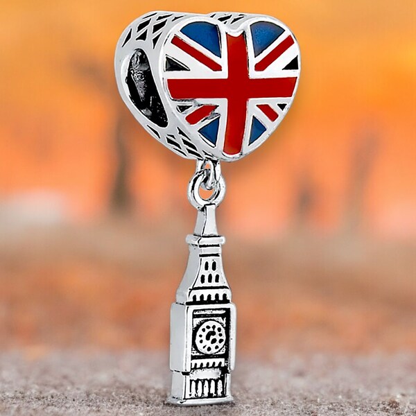 Angleterre Grande-Bretagne Coeur Amour Voyage Londres Europe BigBen Tour de l'Horloge Tour Vacances Accessoires Charme Pendentif en Argent Sterling 925