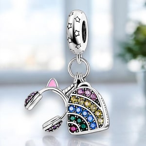 Sac d'école Sac d'école Protection des oreilles Casque Sac de sport Sac Glitter Rainbow Charm Pendentif Argent Sterling 925 Bracelet à breloques