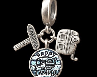 Happy Camper Camping Caravan Beach Sun Holiday Travel Vacation Happy Camper Accessory Dangle Charm Pendant 925 Sterling Silver