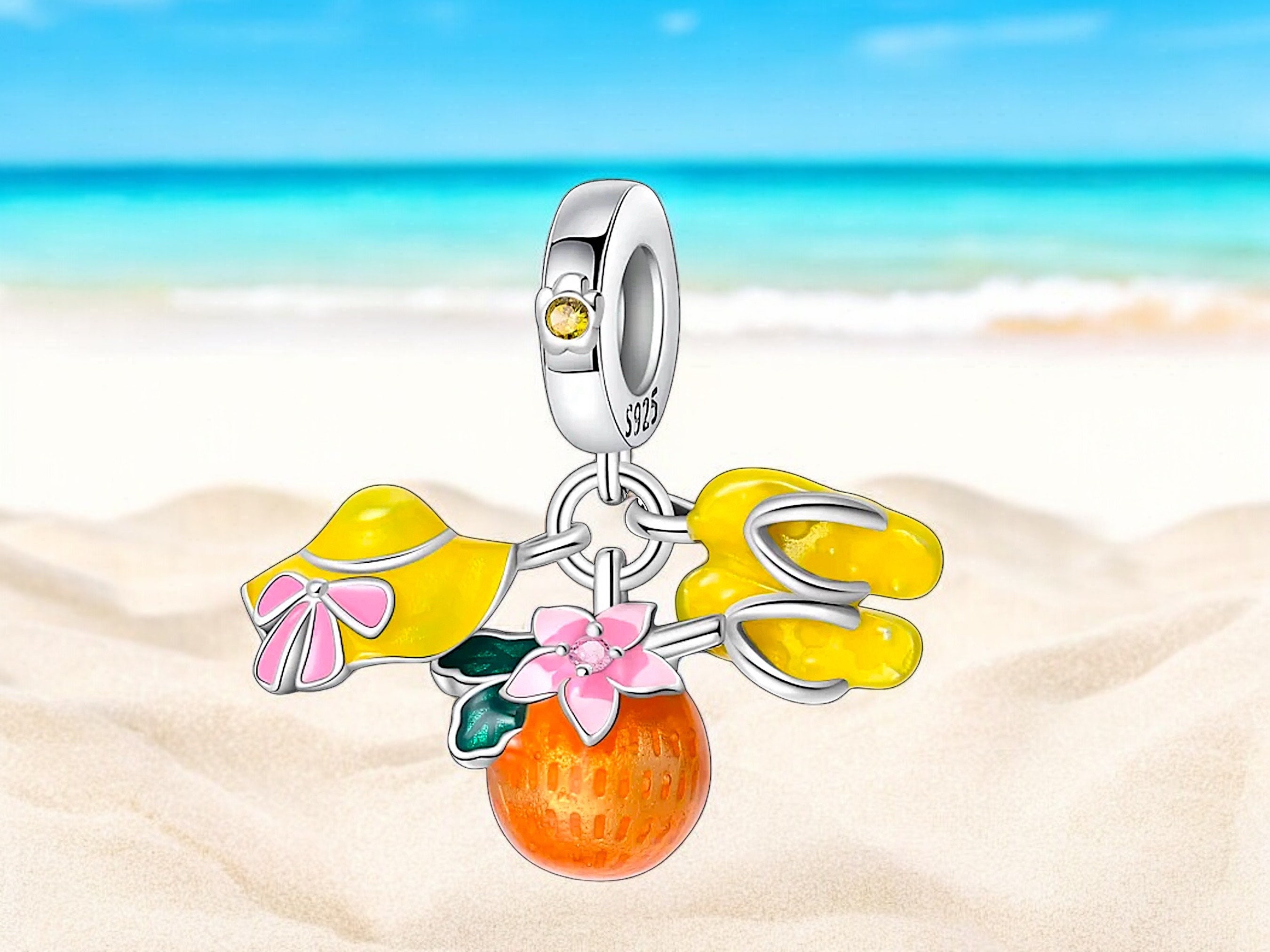 Beach Sun Sea Holiday Sun Protection Hat Cocktail Beach Shoes Stones Charm 925 Sterling Silver Pendant Keychain Jewelry Chain