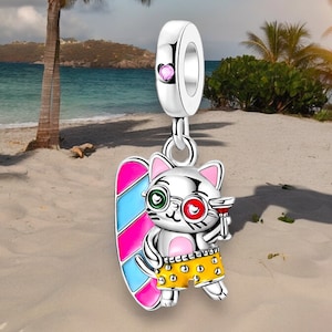 Cat Surfing Wave Surfboard Cocktail Sun Beach Holiday Sea Ocean - Charm 925 Sterling Silver Pendant Keyring Jewelry Chain
