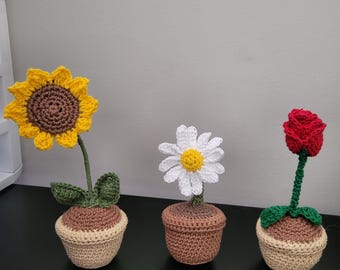 Bundle crochet flower in a pot bundle: sunflower, daisy, and rose--desk buddy, cute gift, mother's day, custom colors