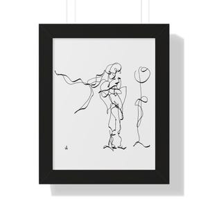 May include: A black and white line drawing of a person standing next to a single flower. The person is drawn in a flowing, abstract style.